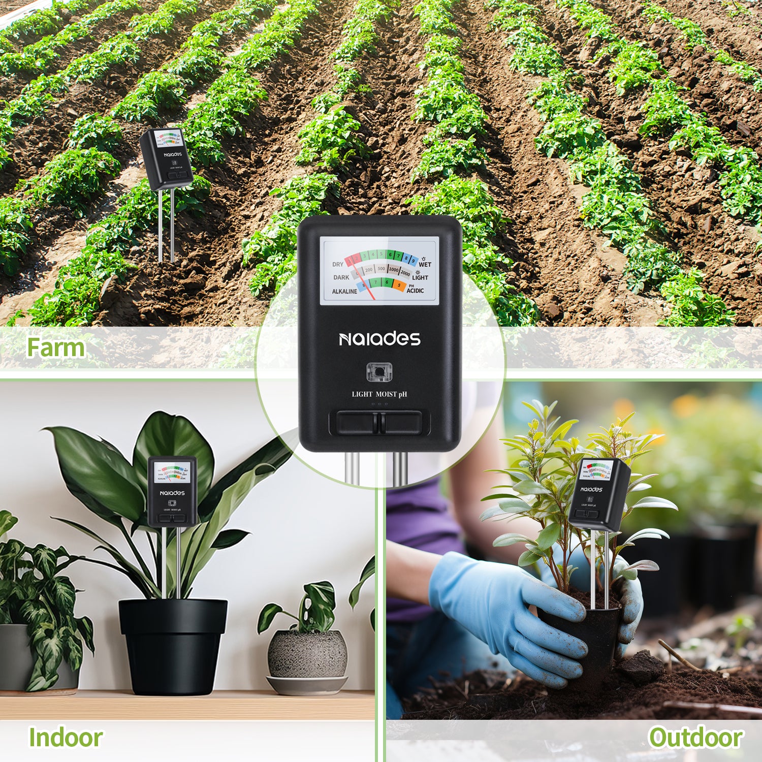 Naiades 3-in-1 Soil Moisture Meter Light and PH Tester for Indoor &amp; Outdoor House Plants, Garden, Lawn, Farm (No Battery Needed)--P407