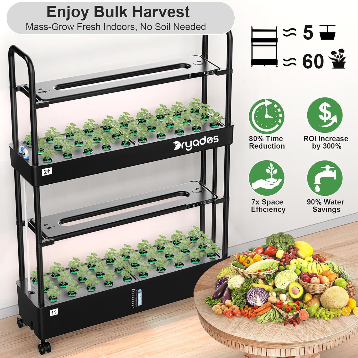 Dryades Large Hydroponics Growing System Kit, 60 Pods Vertical Hydroponic Garden with 2 Light Modes Grow Light, Auto Circulating Water System, 32L Indoor Gardening System for Herb Vegetable Fruit Z210-2L-BL
