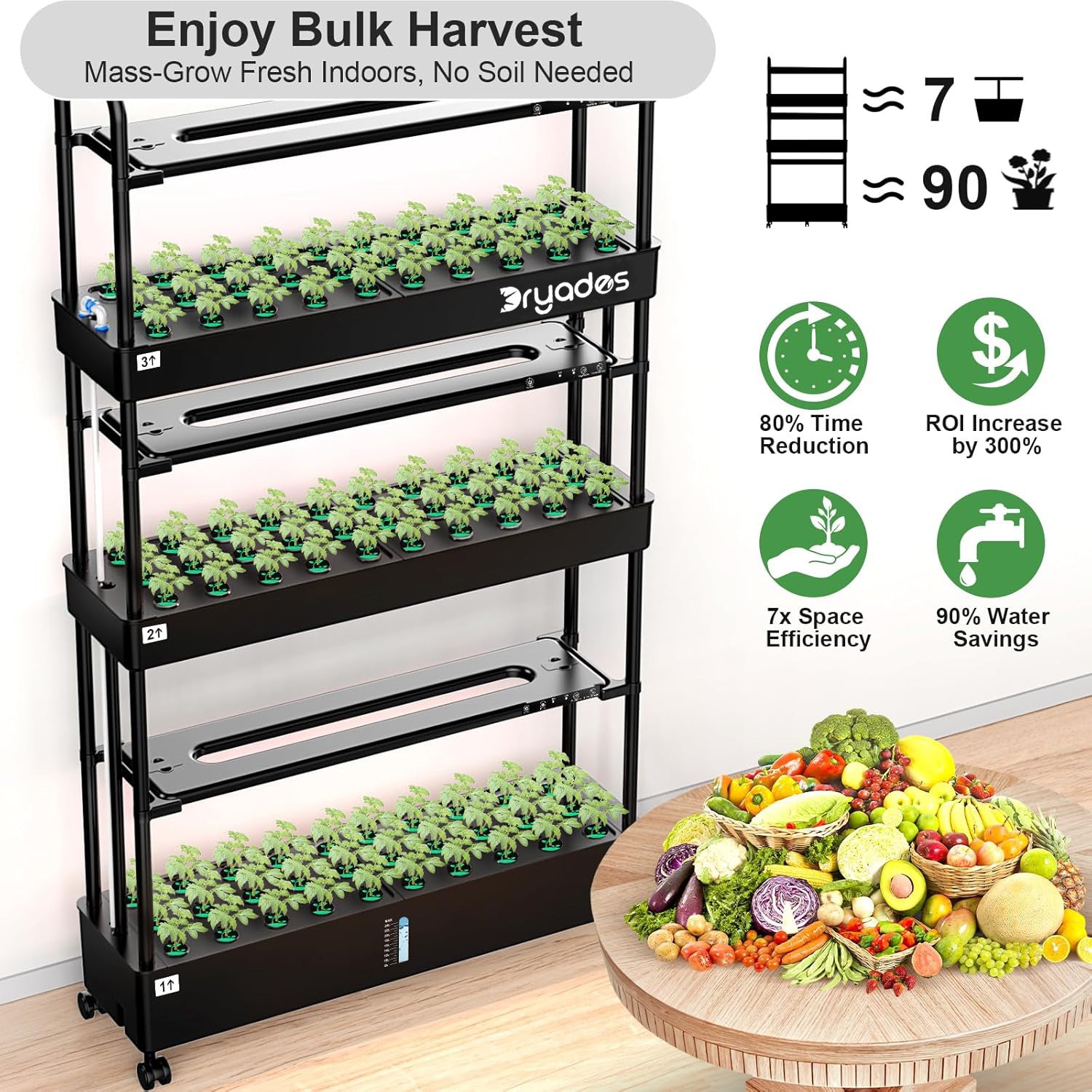 Dayades Large Hydroponics Growing System Kit, 90 Pods Vertical Hydroponic Garden with 3 Light Modes Grow Light, Auto Circulating Water System, 40L Indoor Gardening System for Herb Vegetable Fruit Z210-3L-BL