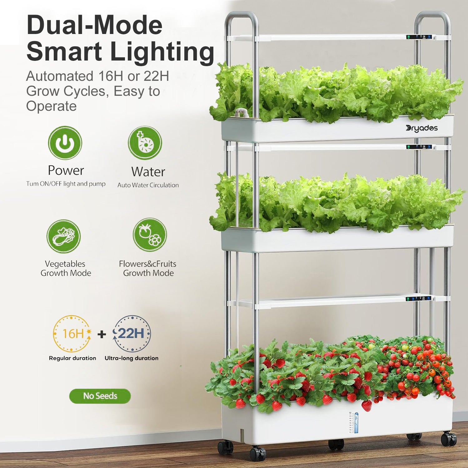 Dryades Hydroponics Growing System Kit, 90 Pods, Large Vertical Hydroponic Garden, 40L Indoor Gardening System for Herb Vegetable Fruit, with 3 Light Modes, Auto Circulating Water System Z210-3L-WH