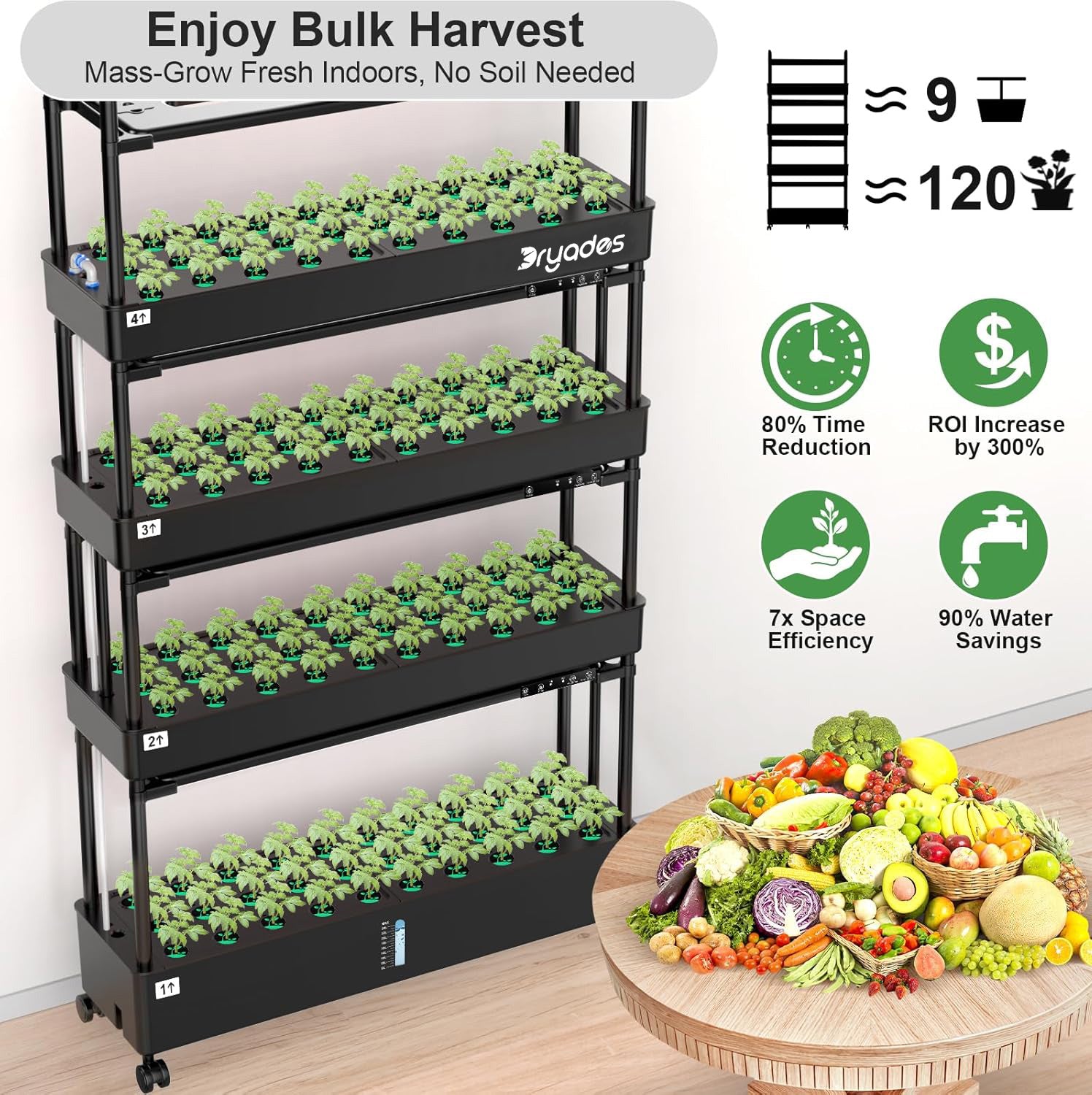 Dryades Large Hydroponics Growing System Kit, 120 Pods Vertical Hydroponic Garden with 4 Light Modes Grow Light, Auto Circulating Water System, 48L Indoor Gardening System for Herb Vegetable Fruit Z210-4L-BL