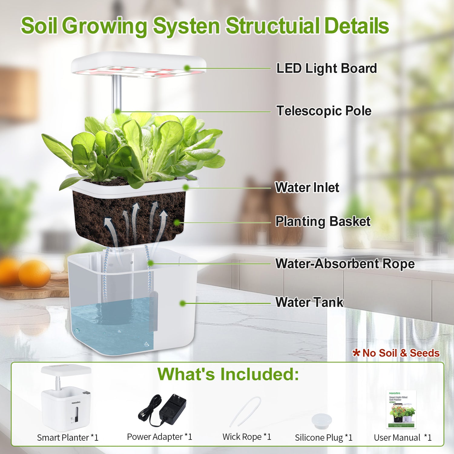 Naiades Indoor Garden Growing Systems Self-Watering Plant Pot Smart Gardening System with 17 Watts LED Grow Light Auto Timer Gardening Plant Gifts for Mom Women Plant Pot for vegetables herbs(No Seeds&amp;Soil)