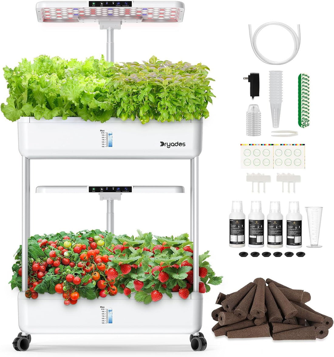 Dryades Hydroponics Growing System Indoor Garden, 44 Pods Plant Herb Garden Germination Kit with LED Grow Light, 20L Double-Layer Large Capacity Hydrophonic Planter Grower for Vegetable Fruit Z243-2L-WH