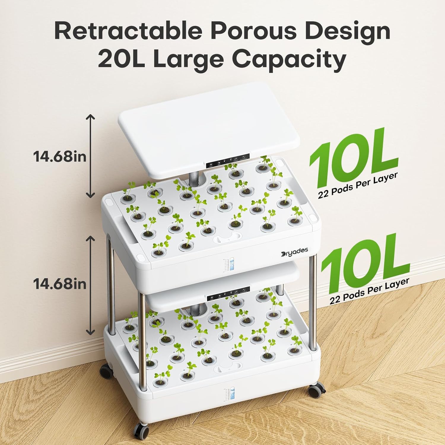 Dryades Hydroponics Growing System Indoor Garden, 44 Pods Plant Herb Garden Germination Kit with LED Grow Light, 20L Double-Layer Large Capacity Hydrophonic Planter Grower for Vegetable Fruit Z243-2L-WH