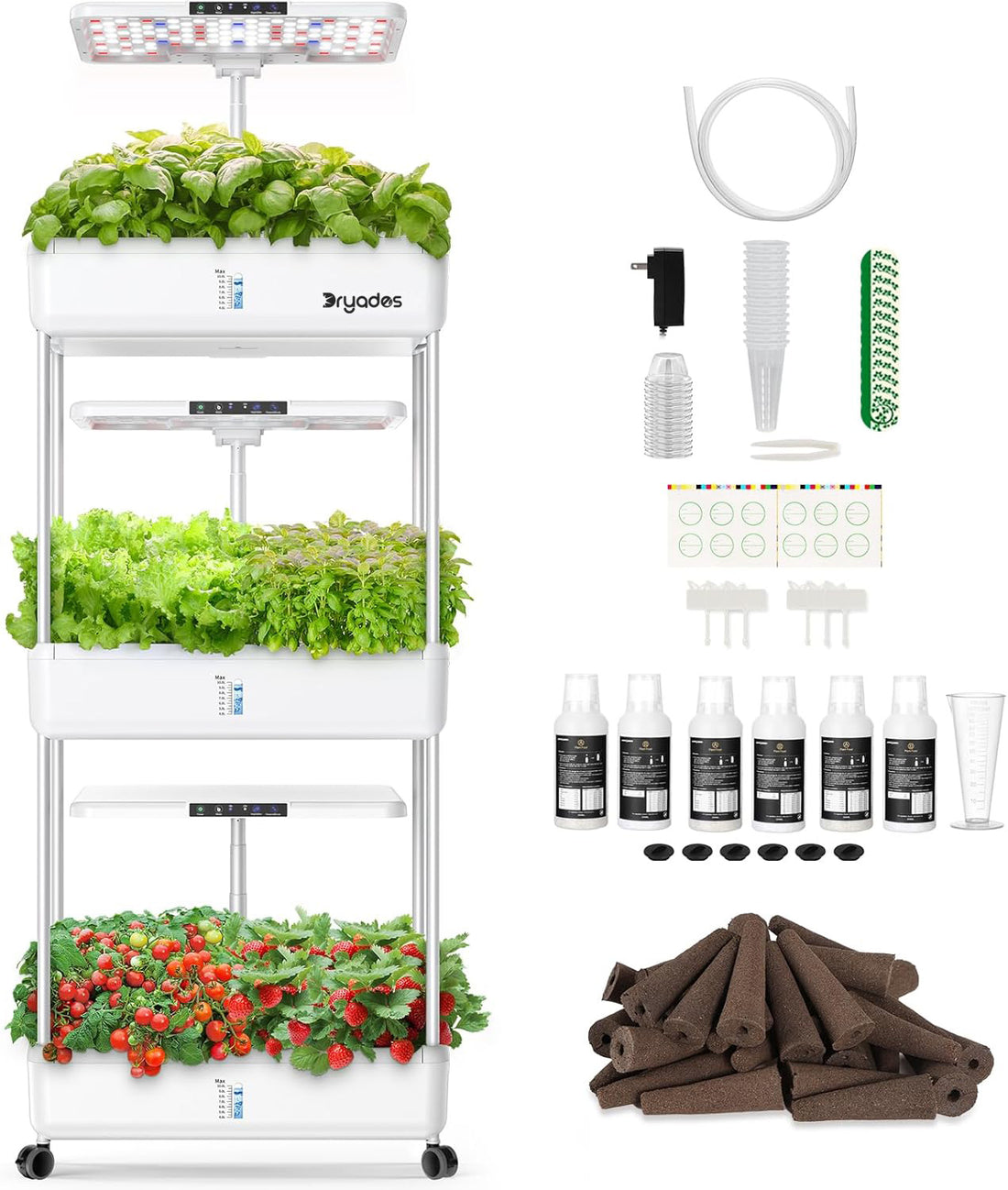 Dryades Indoor Garden Hydroponics Growing System Kit: 66 Pods Plant Herb Garden Germination Kit with LED Grow Light, 30L Large Capacity Kitchen Hydroponics Planter Grower for Vegetable Fruit Z243-3L-WH