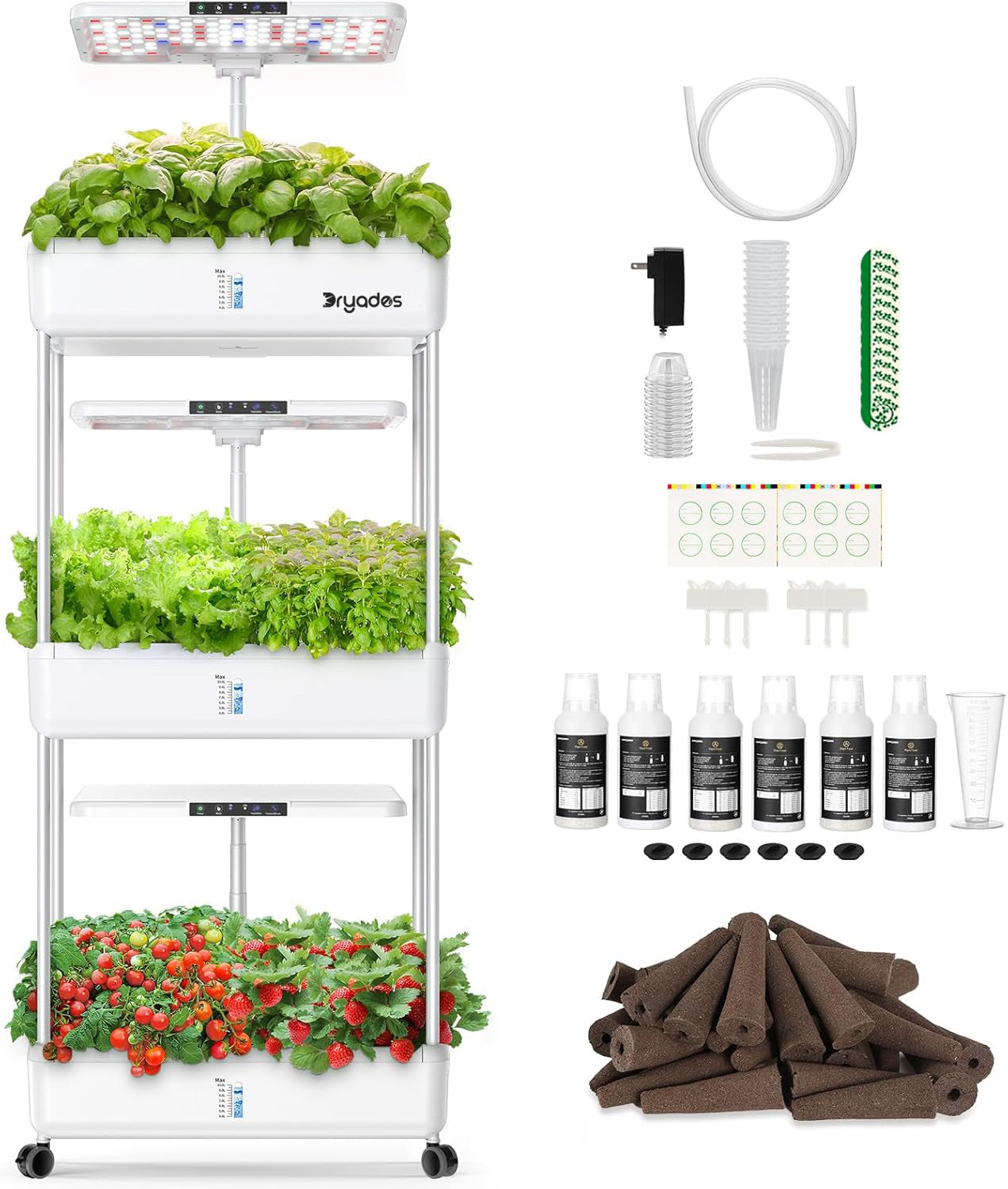 Dryades Indoor Garden Hydroponics Growing System Kit: 66 Pods Plant Herb Garden Germination Kit with LED Grow Light, 30L Large Capacity Kitchen Hydroponics Planter Grower for Vegetable Fruit Z243-3L-WH