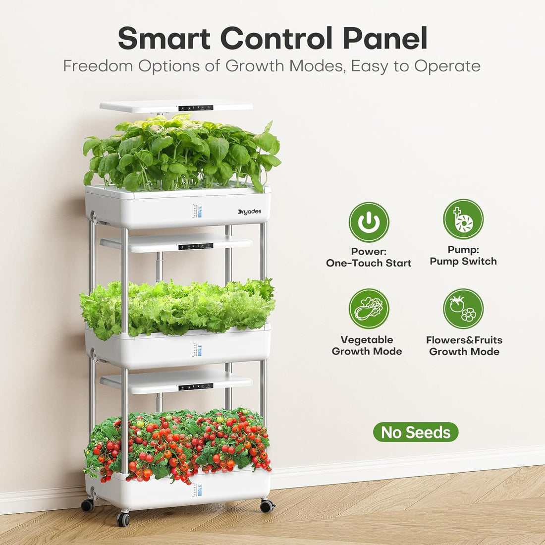 Dryades Indoor Garden Hydroponics Growing System Kit: 66 Pods Plant Herb Garden Germination Kit with LED Grow Light, 30L Large Capacity Kitchen Hydroponics Planter Grower for Vegetable Fruit Z243-3L-WH