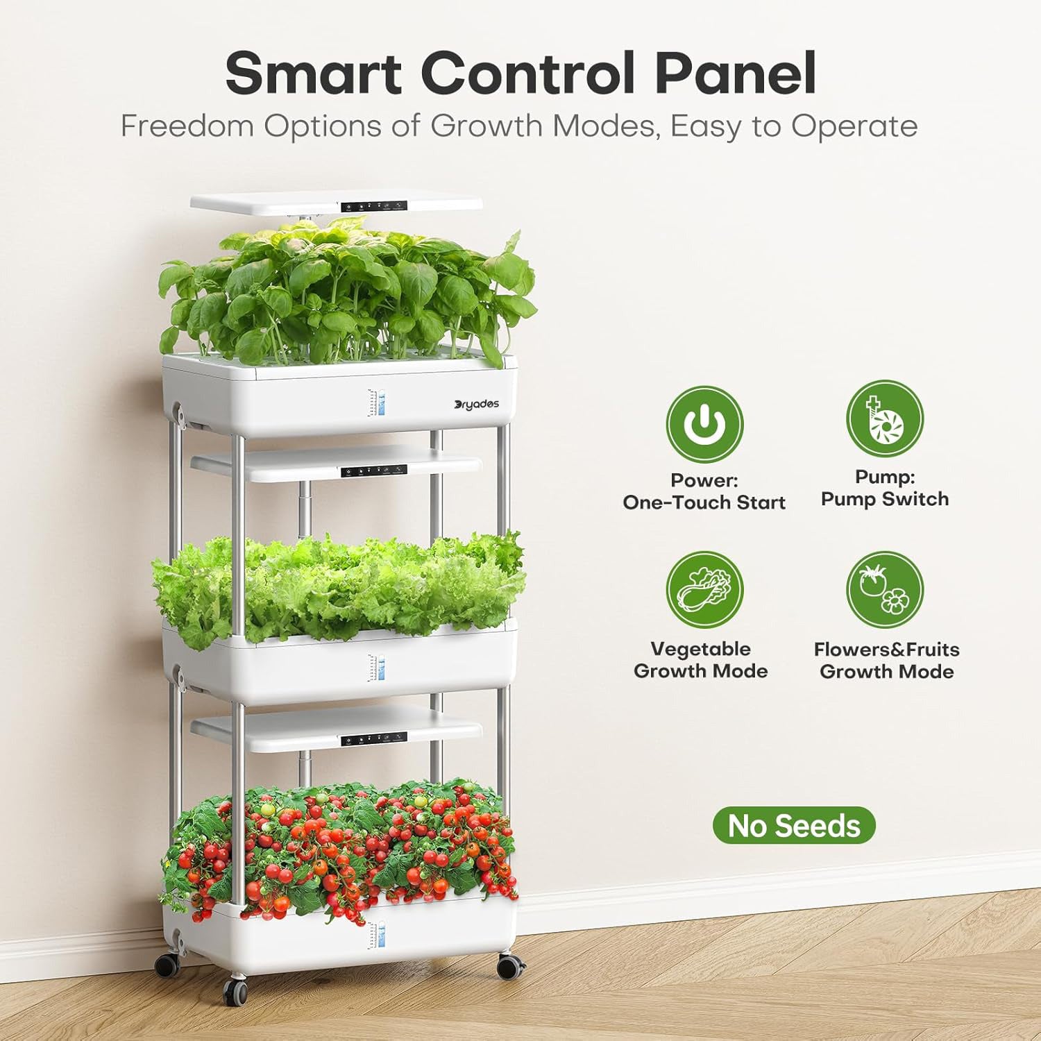 Dryades Indoor Garden Hydroponics Growing System Kit: 66 Pods Plant Herb Garden Germination Kit with LED Grow Light, 30L Large Capacity Kitchen Hydroponics Planter Grower for Vegetable Fruit Z243-3L-WH