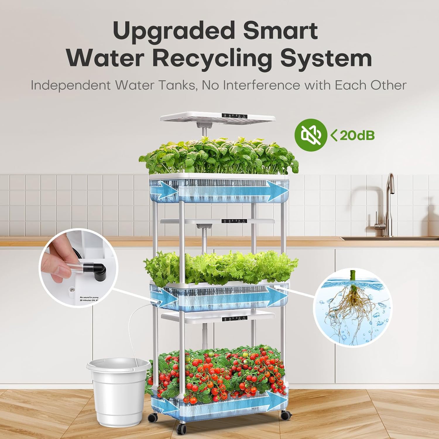 Dryades Indoor Garden Hydroponics Growing System Kit: 66 Pods Plant Herb Garden Germination Kit with LED Grow Light, 30L Large Capacity Kitchen Hydroponics Planter Grower for Vegetable Fruit Z243-3L-WH