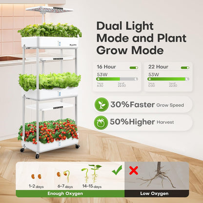 Dryades Indoor Garden Hydroponics Growing System Kit: 66 Pods Plant Herb Garden Germination Kit with LED Grow Light, 30L Large Capacity Kitchen Hydroponics Planter Grower for Vegetable Fruit Z243-3L-WH