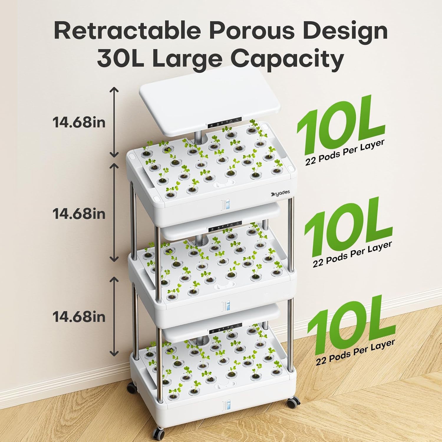 Dryades Indoor Garden Hydroponics Growing System Kit: 66 Pods Plant Herb Garden Germination Kit with LED Grow Light, 30L Large Capacity Kitchen Hydroponics Planter Grower for Vegetable Fruit Z243-3L-WH