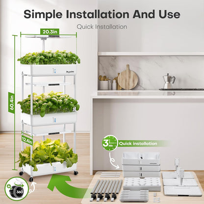 Dryades Indoor Garden Hydroponics Growing System Kit: 66 Pods Plant Herb Garden Germination Kit with LED Grow Light, 30L Large Capacity Kitchen Hydroponics Planter Grower for Vegetable Fruit Z243-3L-WH