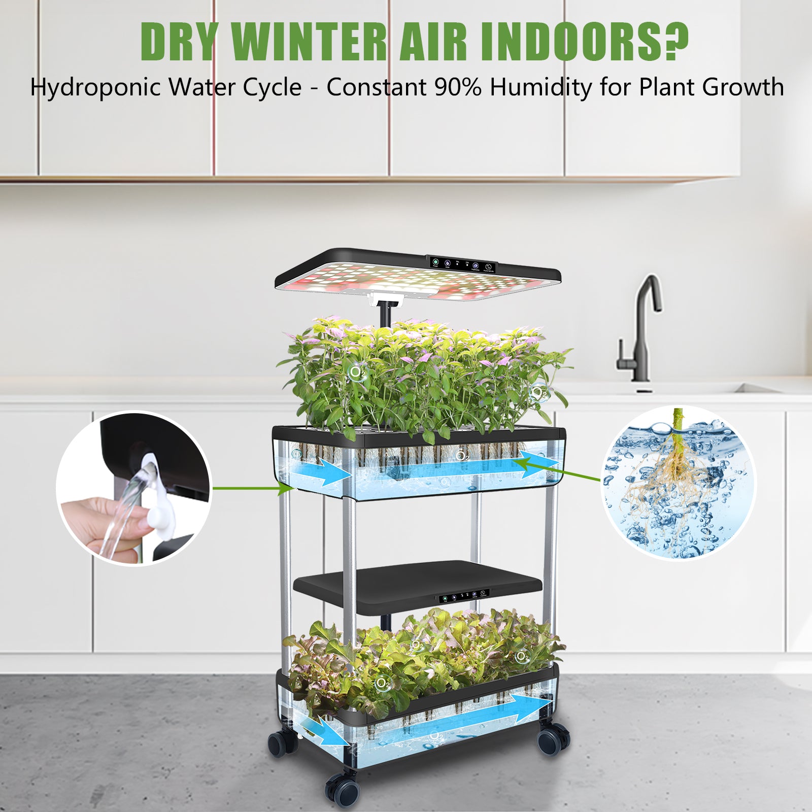 DRYADES 44 Pods Hydroponics Growing System, DRYADES Dual Layers Indoor Garden with LED Full Spectrum Grow Light, 2 × 13.3L Water Tanks, Height &amp; Angle Adjustable, Professional Smart Plant Germination Kits - Z243