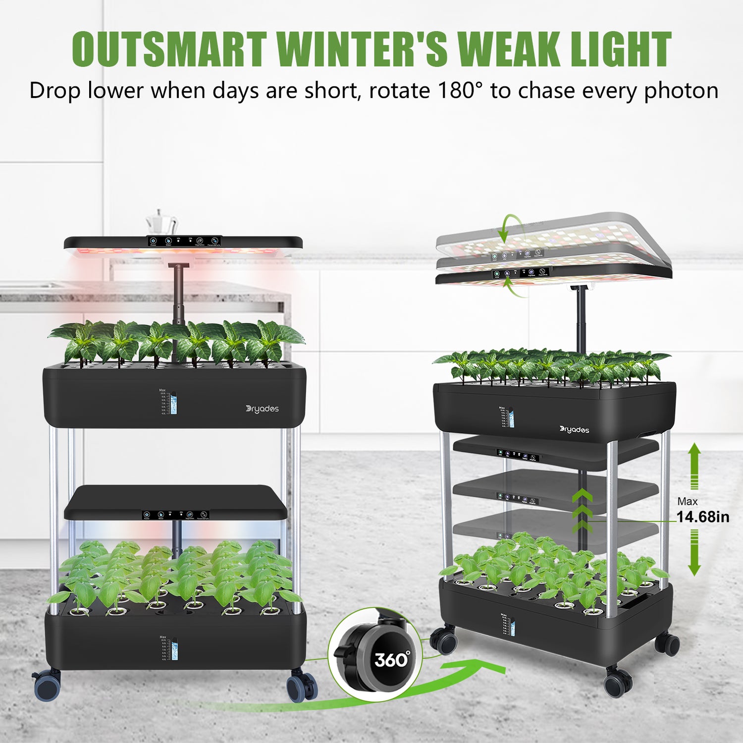 DRYADES 44 Pods Hydroponics Growing System, DRYADES Dual Layers Indoor Garden with LED Full Spectrum Grow Light, 2 × 13.3L Water Tanks, Height &amp; Angle Adjustable, Professional Smart Plant Germination Kits - Z243