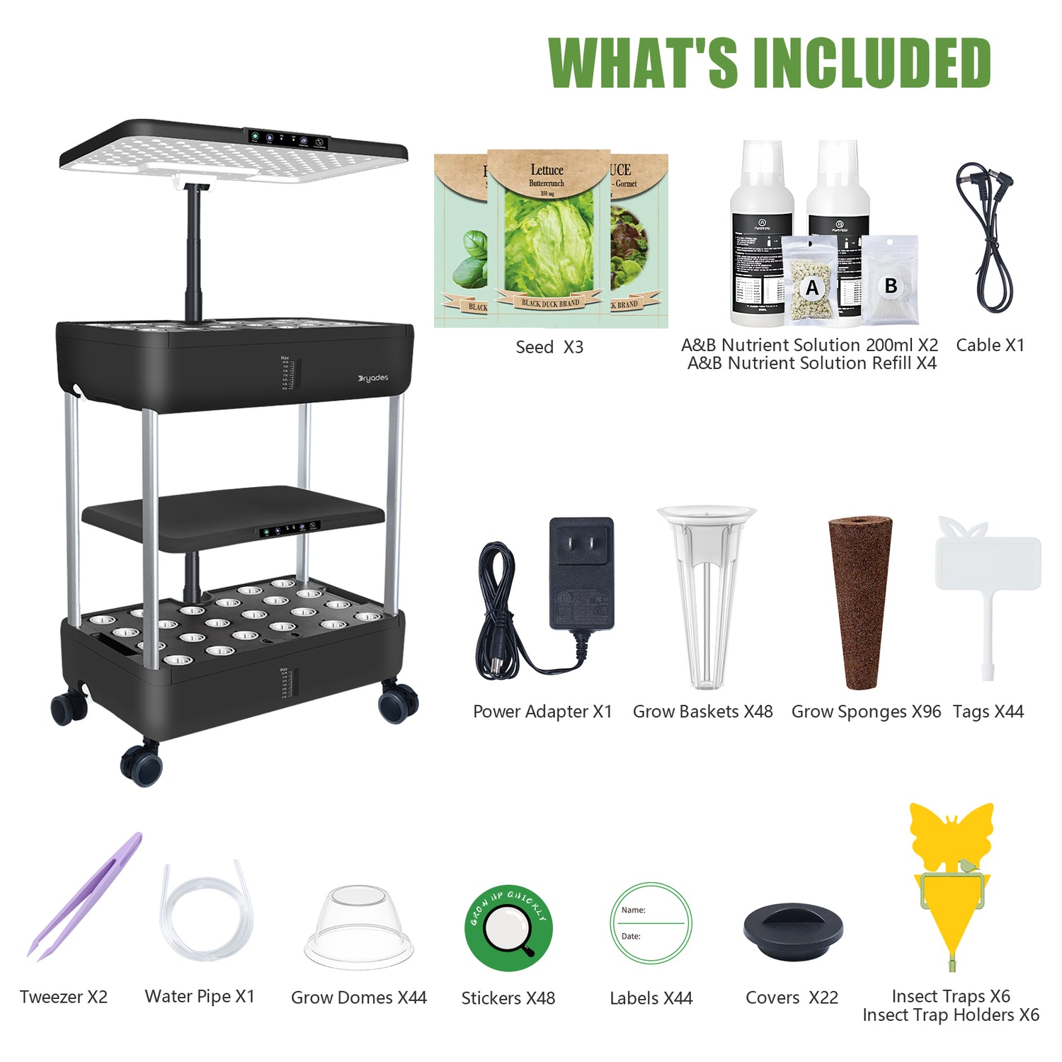 DRYADES 44 Pods Hydroponics Growing System, DRYADES Dual Layers Indoor Garden with LED Full Spectrum Grow Light, 2 × 13.3L Water Tanks, Height &amp; Angle Adjustable, Professional Smart Plant Germination Kits - Z243